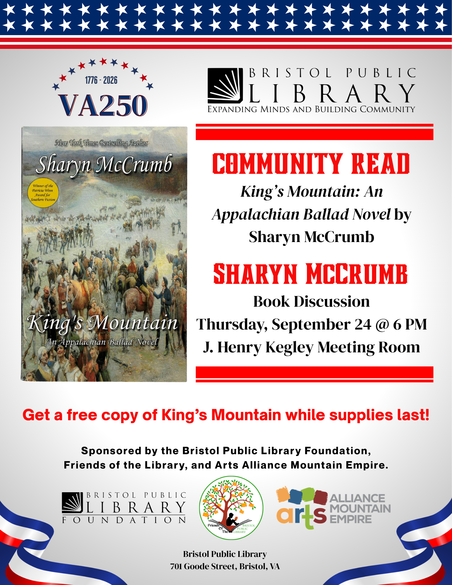 Flier for Bristol Public Library Community Read Event featuring King's Mountain by Sharyn McCrumb